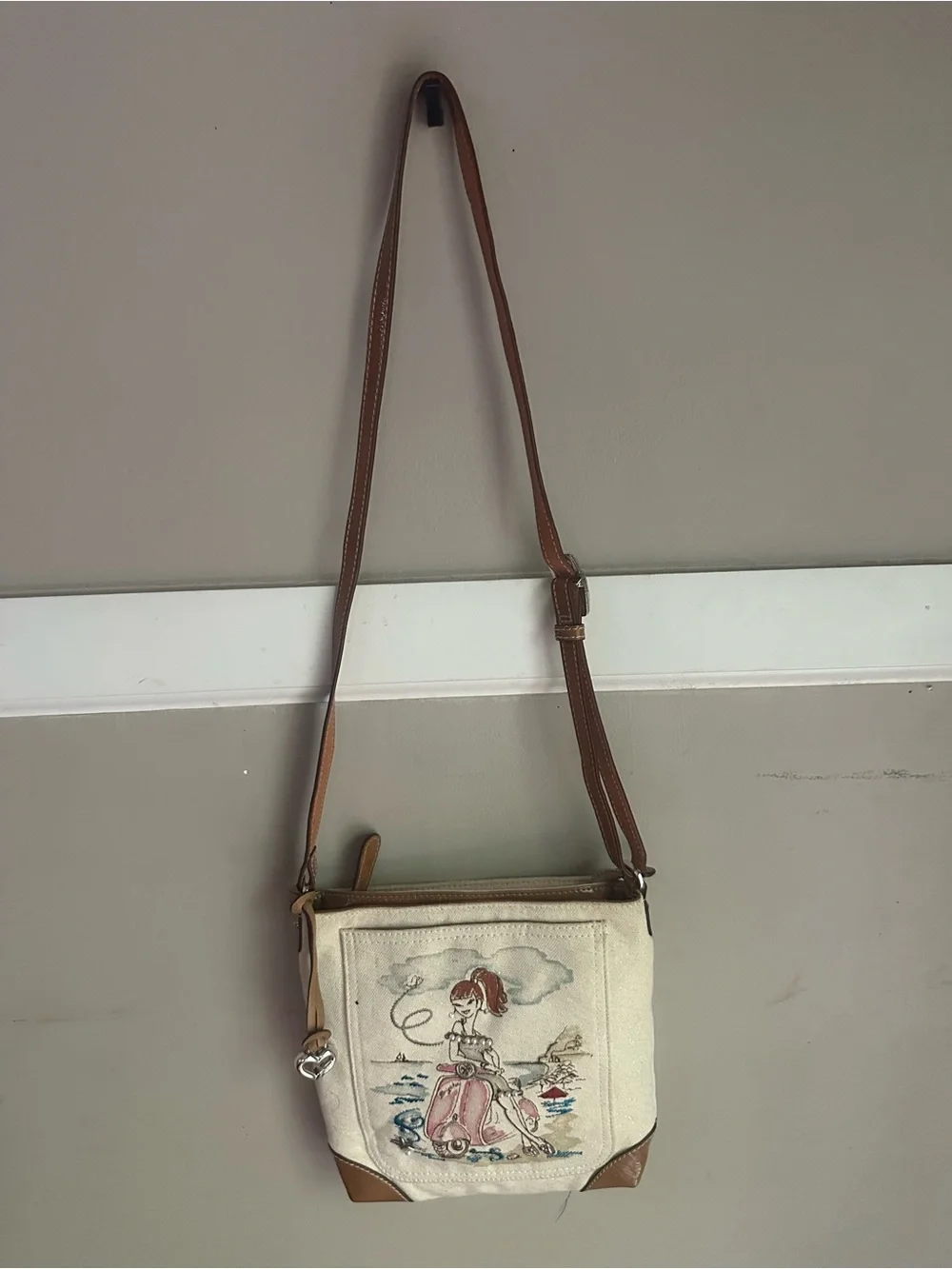 Brighton Canvas Crossbody Bag with Brown Leather Trim - Cream